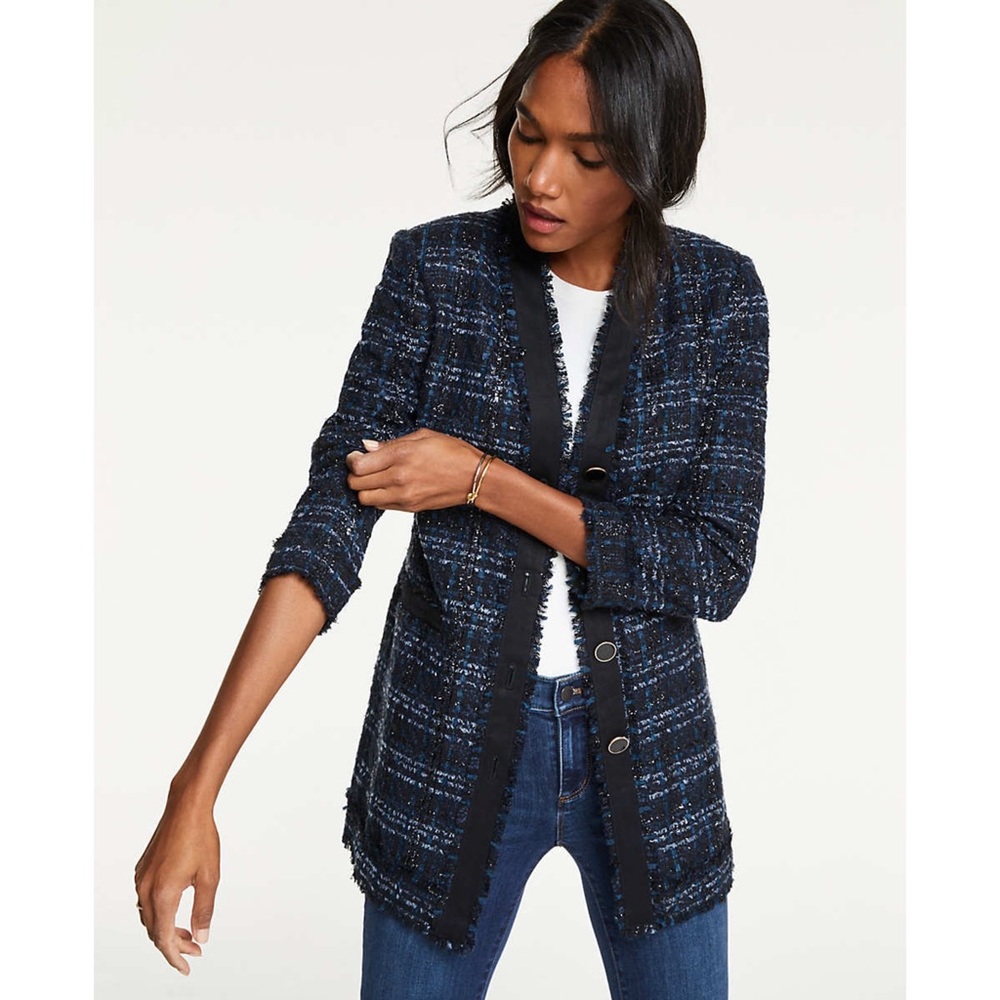 Ann Taylor Metallic Tweed Navy Blue Grosgrain Trim Blazer, Size 10